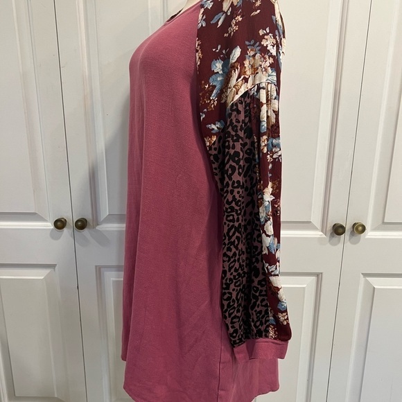 Umgee, New Multi Pattern Sleeves Pink Shift Tunic Dress with Pockets - Picture 5 of 13